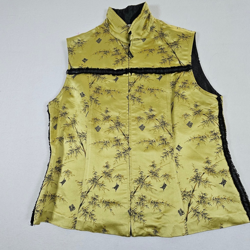 Silk Box Womens Size 10 Green/Gold Bamboo Print Silk Cotton Zip Front Vest Asian - Picture 2 of 10